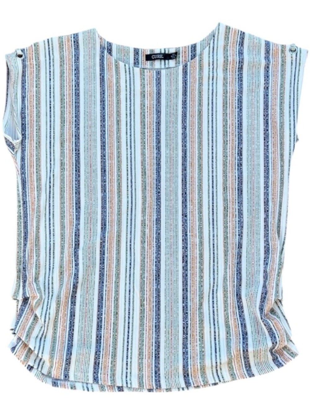 Cure. Short Split Sleeve Top - Rouched Sides Cream Stripe Women’s XXL